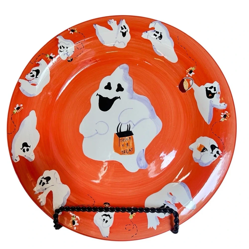 Vintage Round Glass Orange Halloween Ghost Decorative Plate by The White Barn.